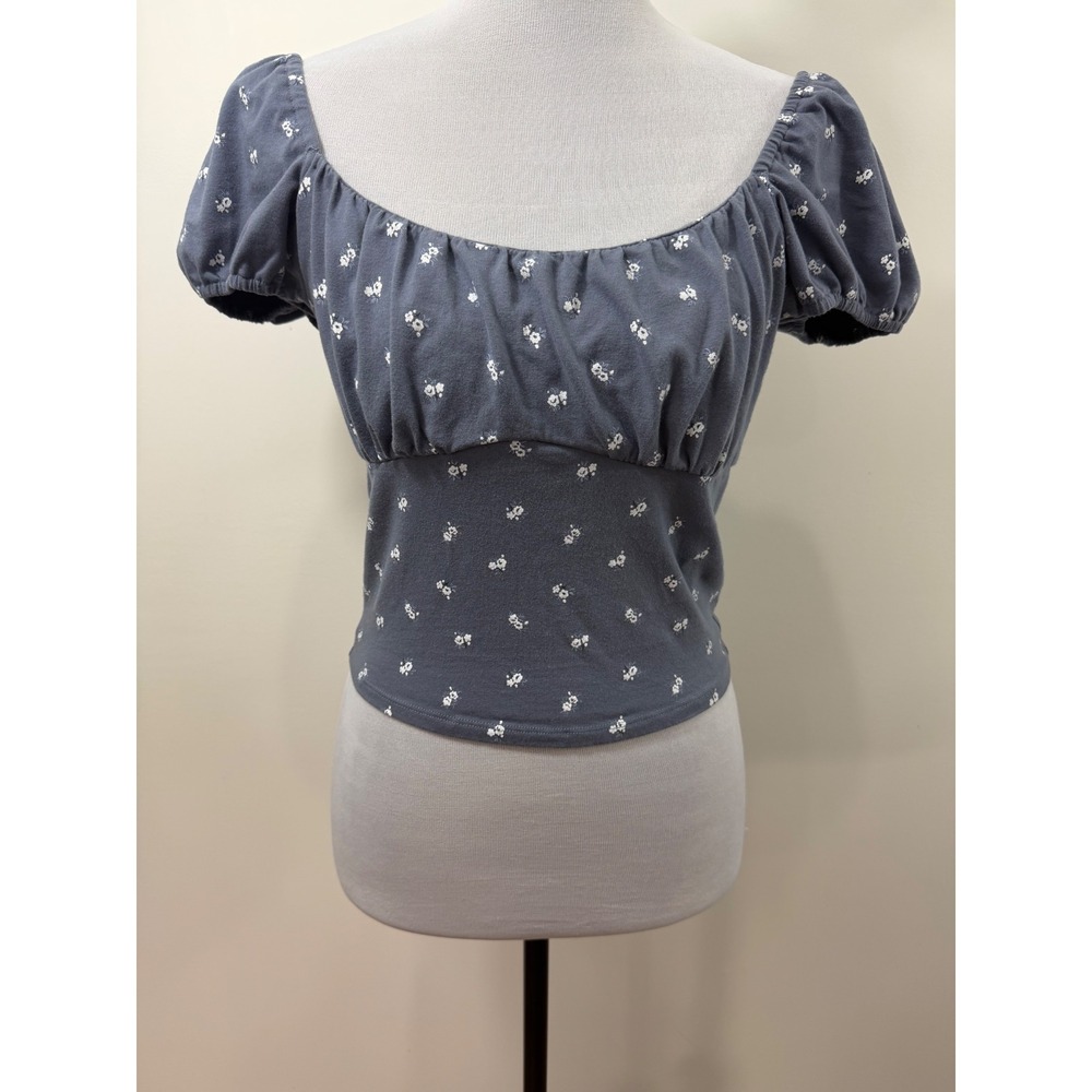 Hollister Women Blue Floral Puff Sleeve Crop Top Medium Square Neck Cotton